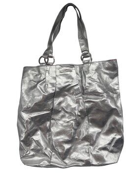 Clinique Shimmering Silver Metallic Tote Bag Y2K Cyber Grunge Hot Pink Lining